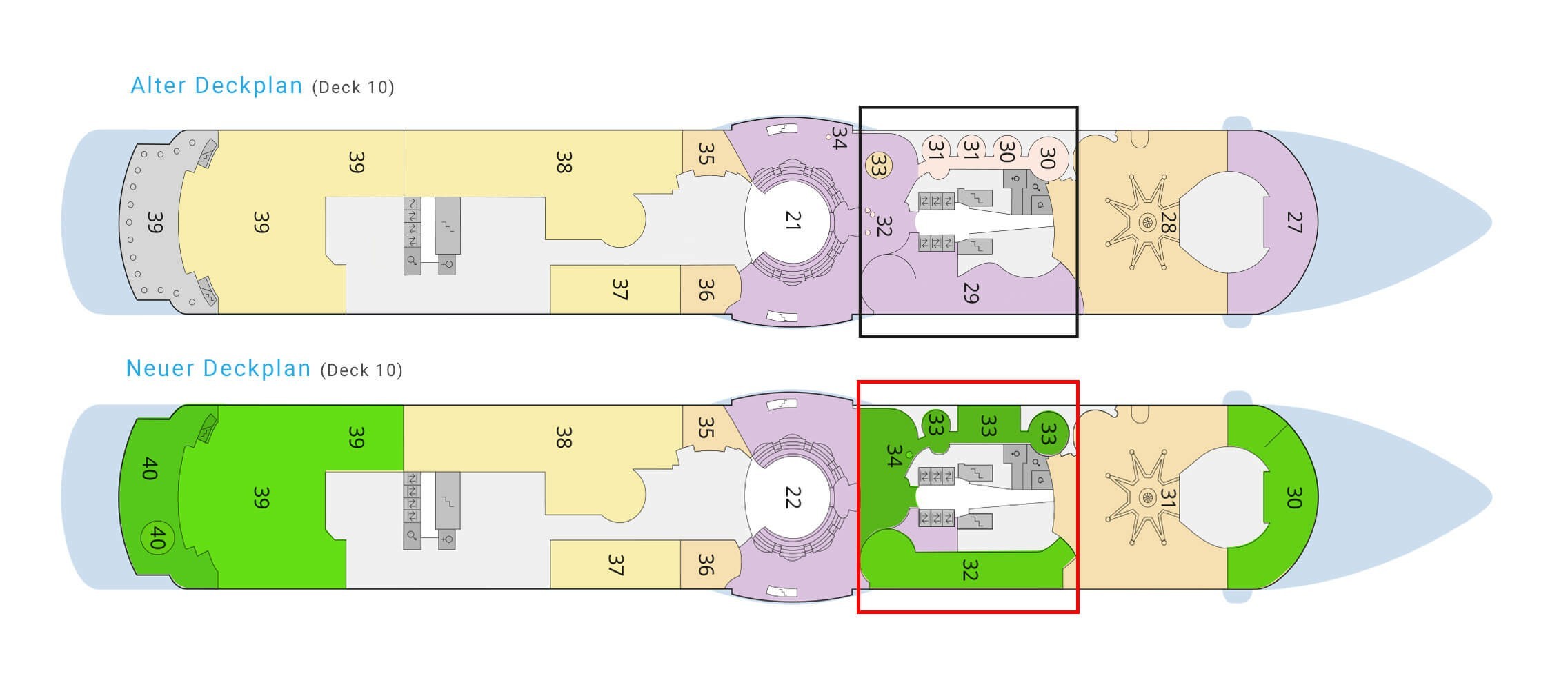 AIDAdiva Deckplan Deck 10 Vergleich vorher nachher.