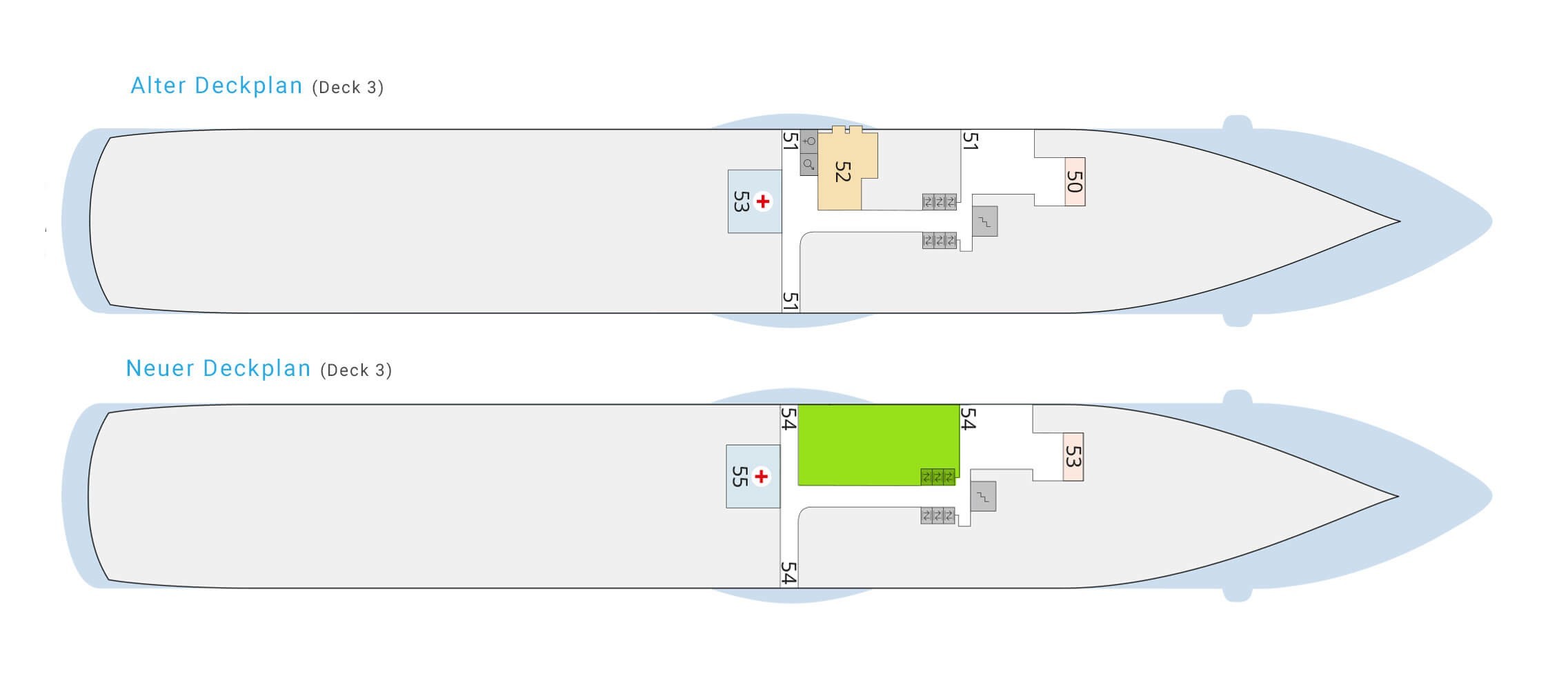 AIDAdiva Deckplan Deck 3 Vergleich vorher nachher.